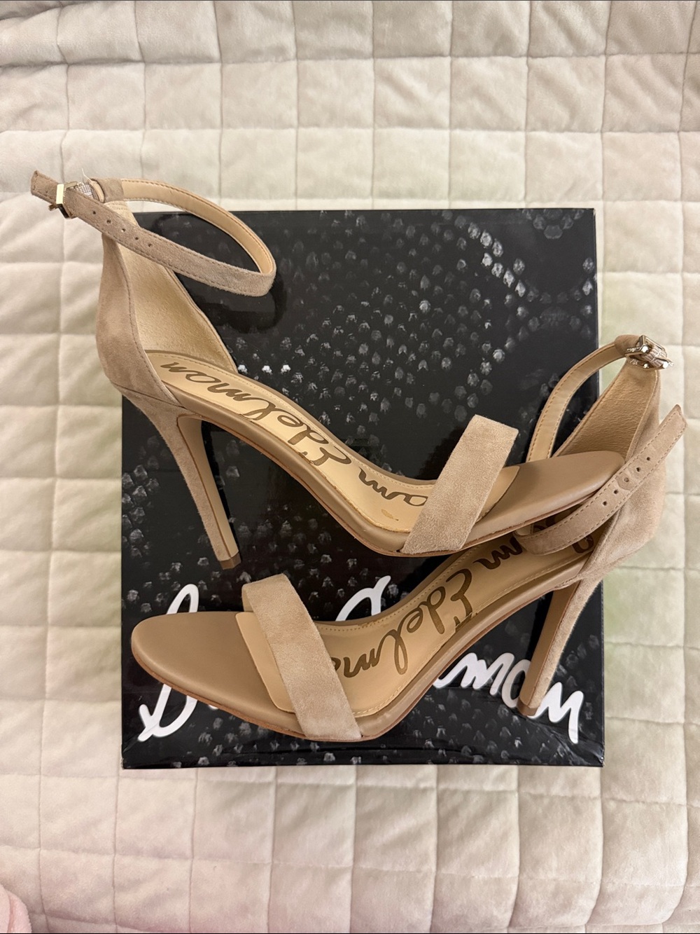 Sam Edelman Beige Suede Ankle-Strap High Heels